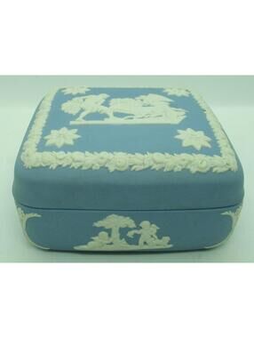 Vintage England Wedgwood Blue Jasperware Square Lidded Chariot Trinket Box